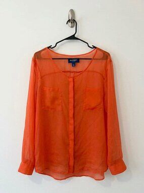 Old Navy Sheer Orange Long Sleeve Button Down Blouse